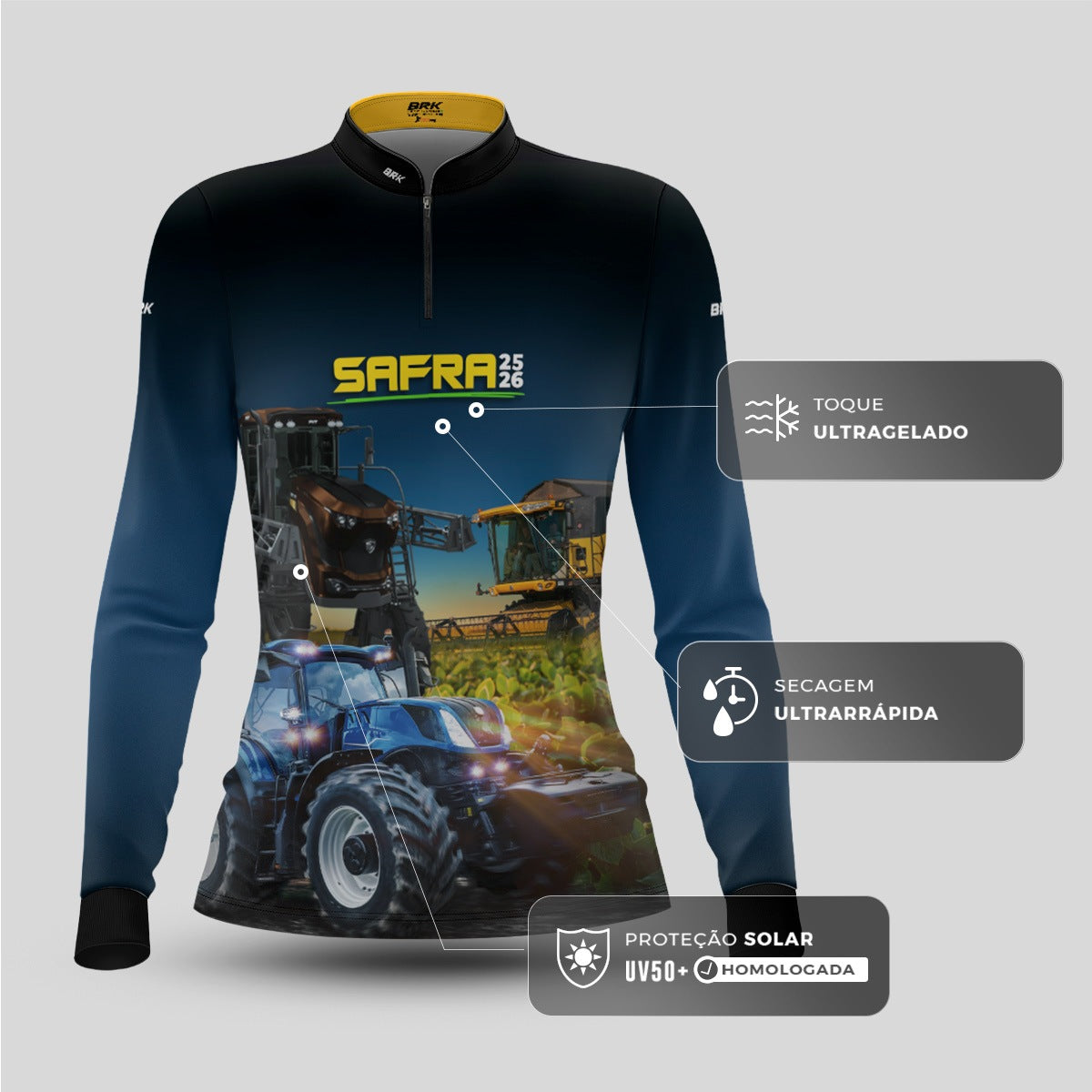 Camisa Agro Feminina Brk Safra Trator Azul com Proteção Solar UV50+ - Brk Agro