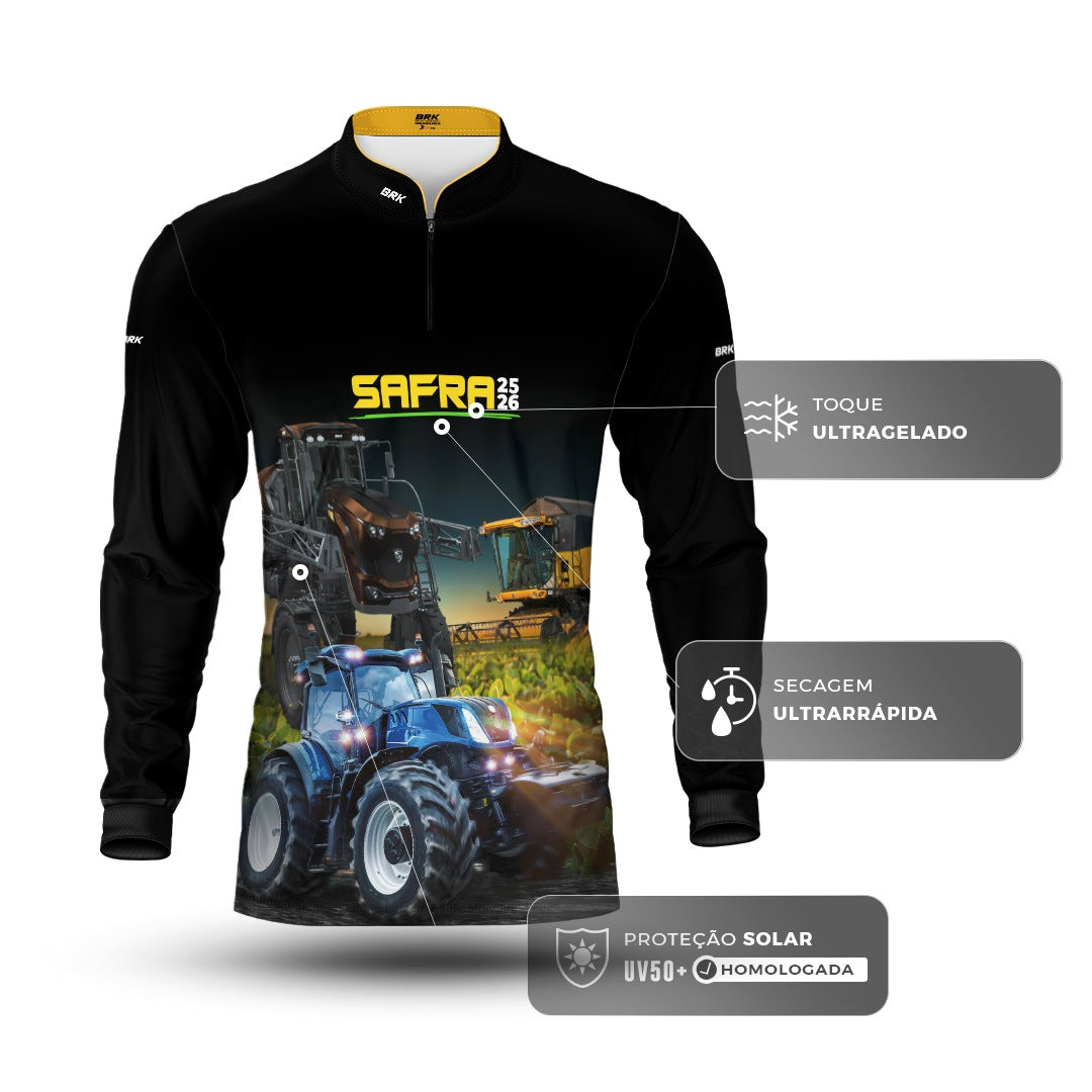 Camisa Agro Brk Safra Trator Azul Preto com Proteção Solar UV50+ - Brk Agro