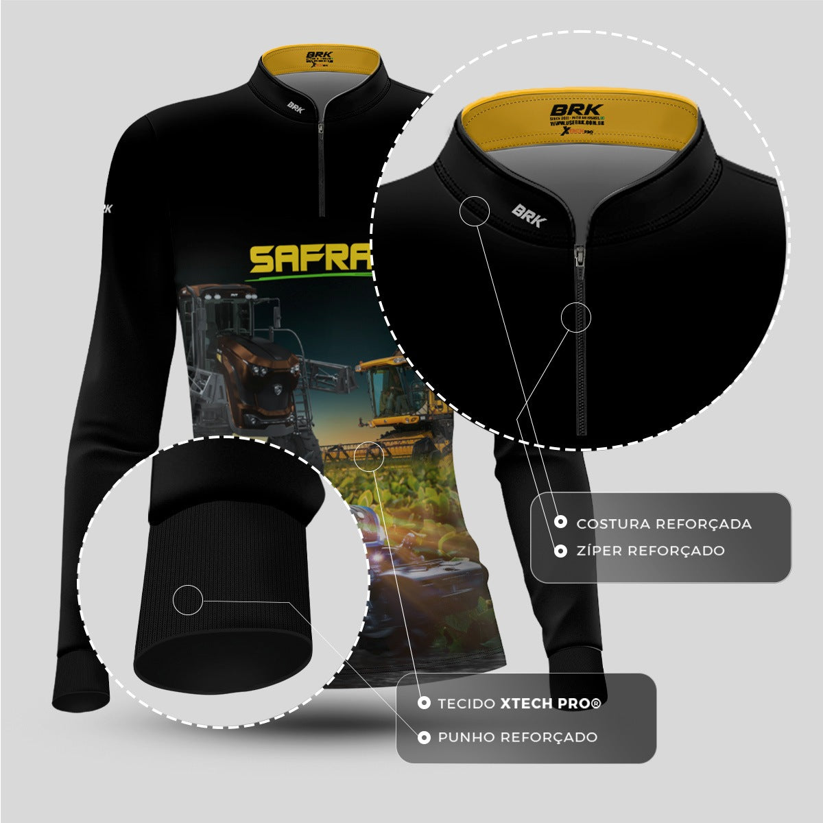 Camisa Agro Feminina Brk  Safra Trator Azul Preto com Proteção Solar UV50+ - Brk Agro