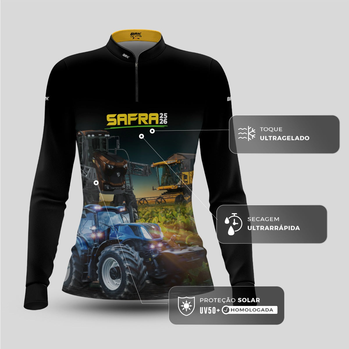 Camisa Agro Feminina Brk  Safra Trator Azul Preto com Proteção Solar UV50+ - Brk Agro