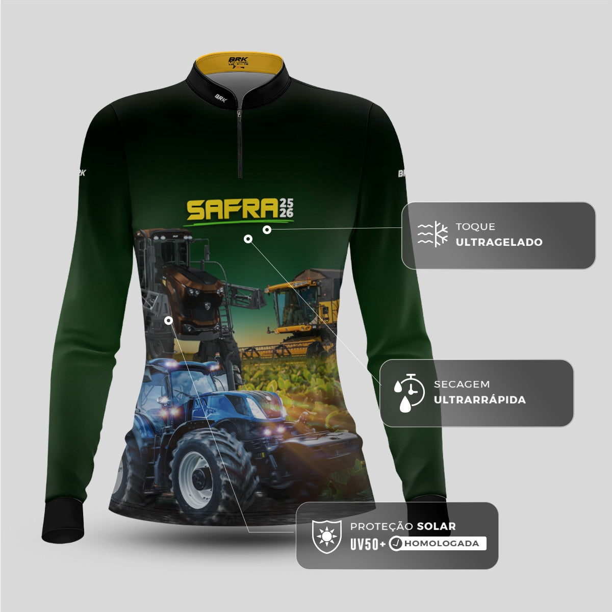 Camisa Agro Feminina Brk Safra Trator Azul Verde com Proteção Solar UV50+ - Brk Agro