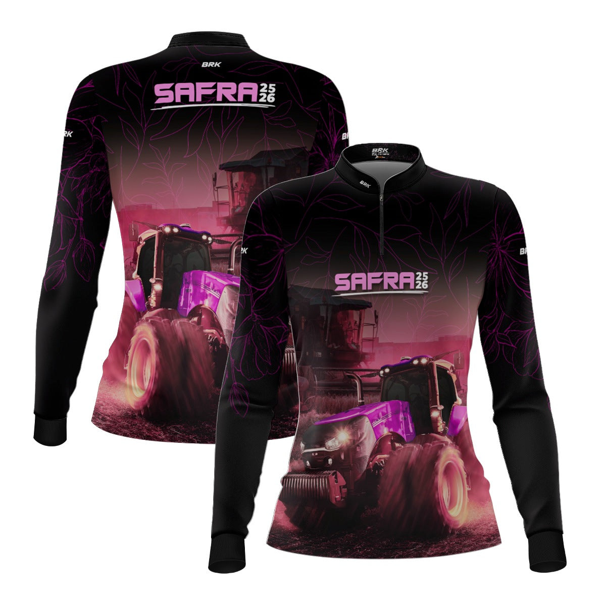Camisa Agro Feminina Brk Safra Trator Rosa Preta com Proteção Solar UV50+ - Brk Agro