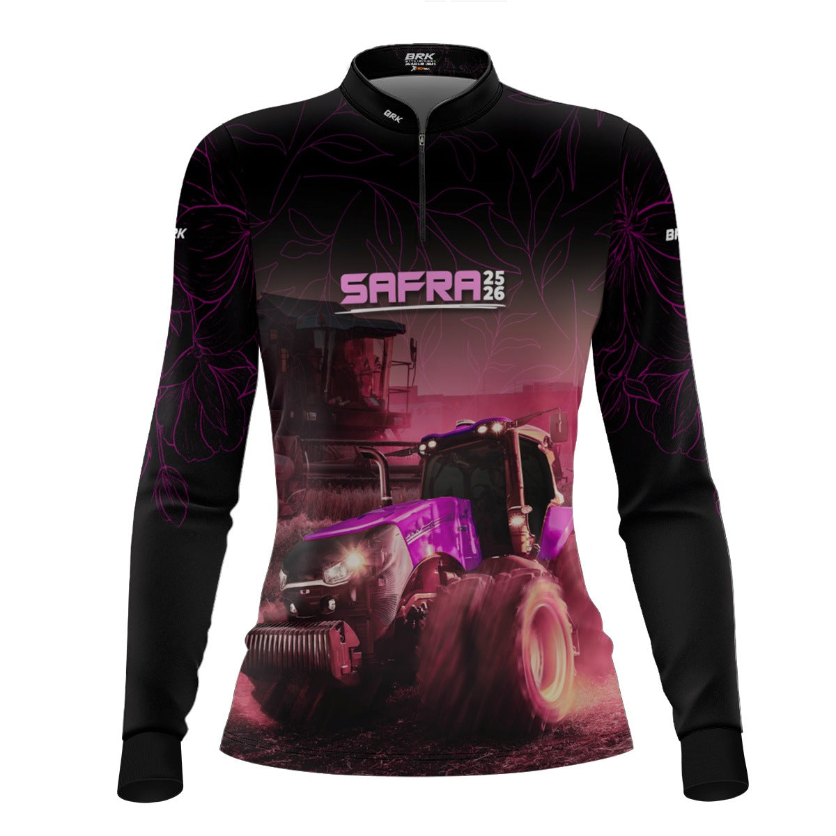 Camisa Agro Feminina Brk Safra Trator Rosa Preta com Proteção Solar UV50+ - Brk Agro