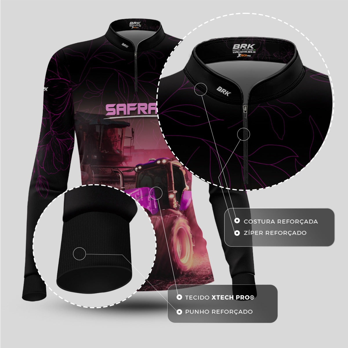 Camisa Agro Feminina Brk Safra Trator Rosa Preta com Proteção Solar UV50+ - Brk Agro