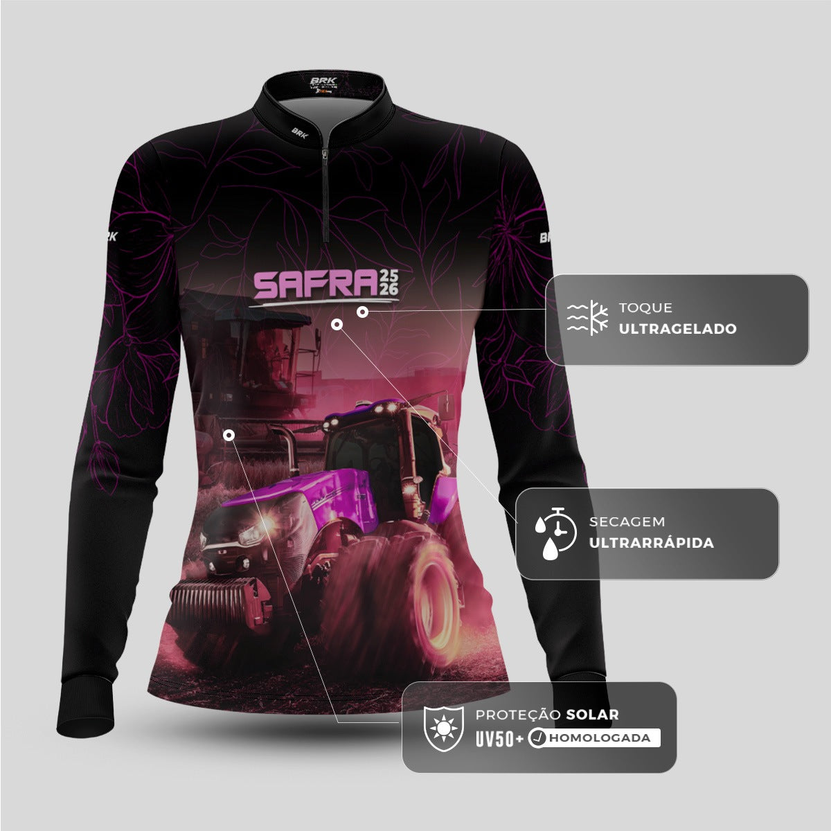 Camisa Agro Feminina Brk Safra Trator Rosa Preta com Proteção Solar UV50+ - Brk Agro