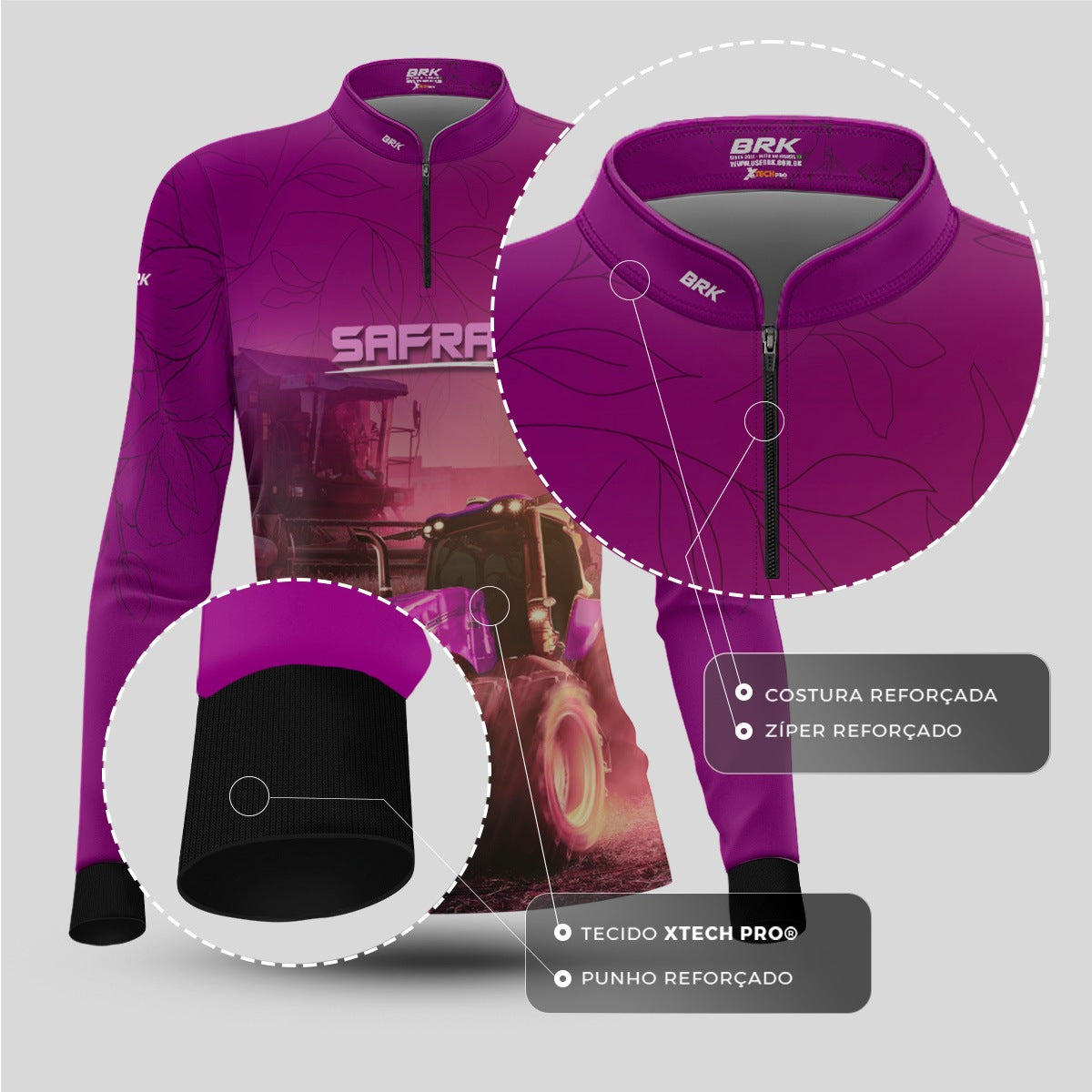 Camisa Agro Feminina Brk Safra Trator Rosa com Proteção Solar UV50+ - Brk Agro