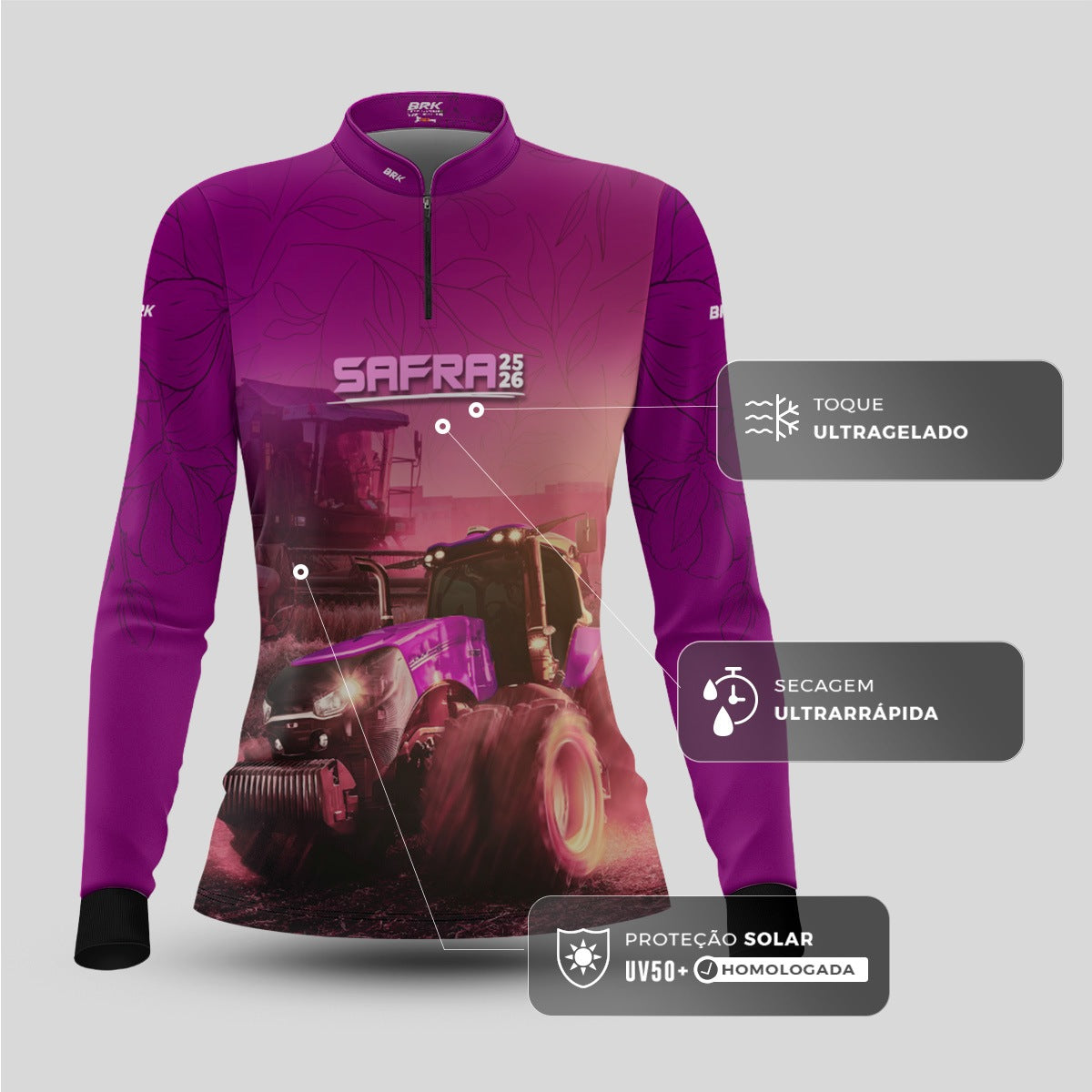 Camisa Agro Feminina Brk Safra Trator Rosa com Proteção Solar UV50+ - Brk Agro