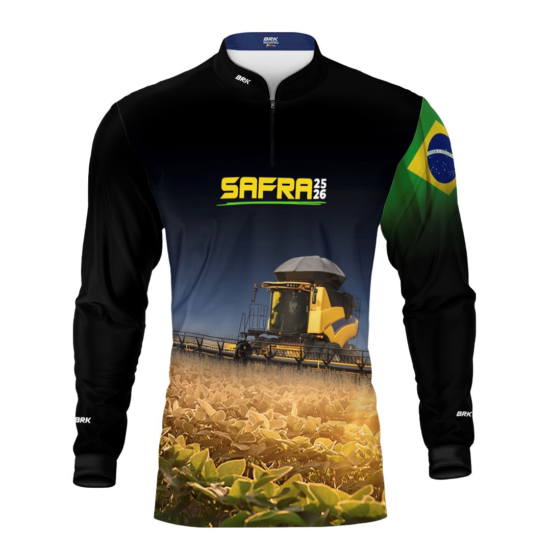 Camisa Agro Brk Safra Colheitadeira Amarela Brasil Preto com Proteção Solar UV50+