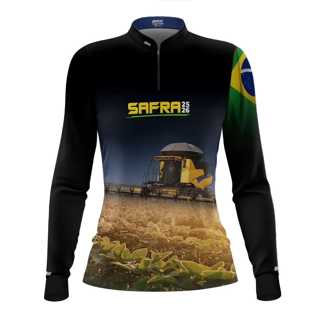 Camisa Agro Feminina Brk Safra Colheitadeira Amarela Brasil Preto com Proteção Solar UV50+ - Brk Agro