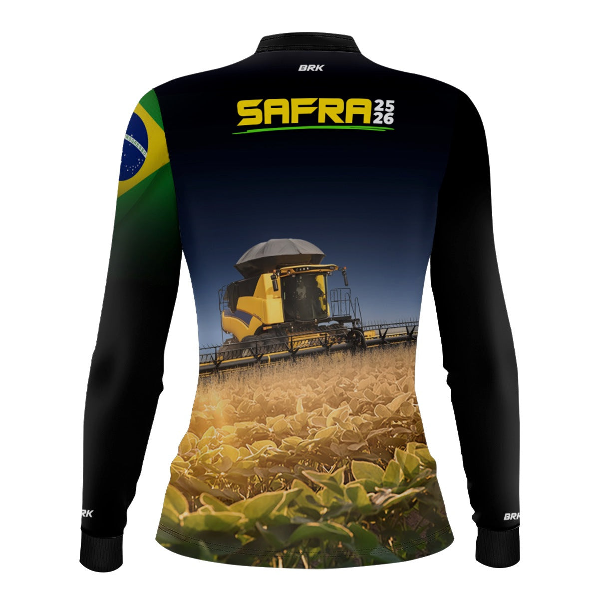 Camisa Agro Feminina Brk Safra Colheitadeira Amarela Brasil Preto com Proteção Solar UV50+ - Brk Agro