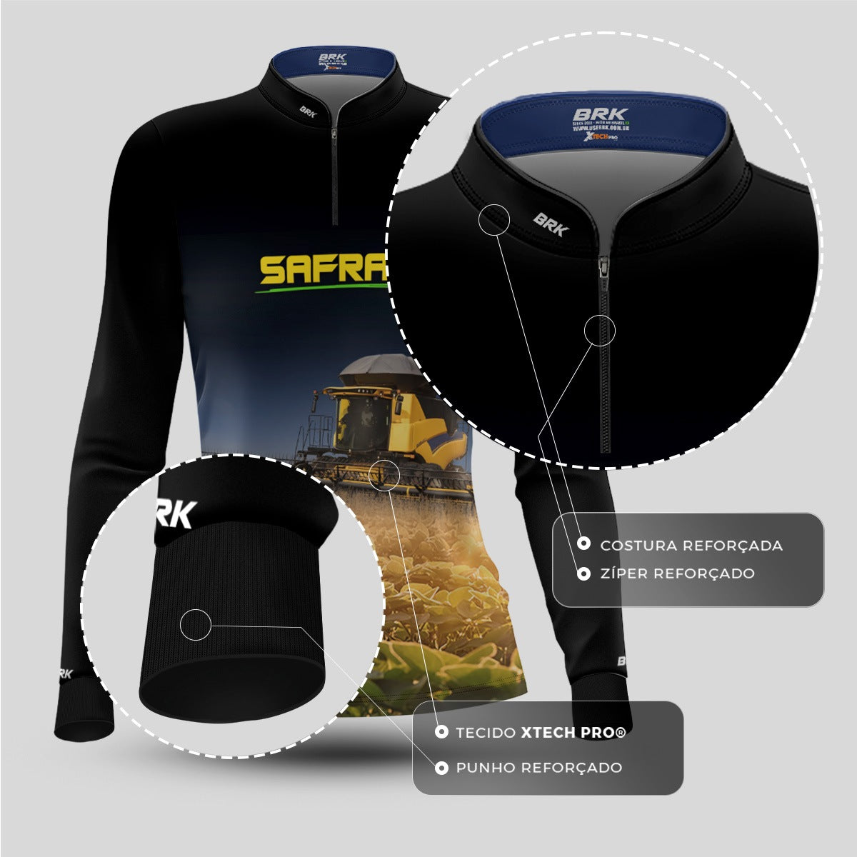 Camisa Agro Feminina Brk Safra Colheitadeira Amarela Brasil Preto com Proteção Solar UV50+ - Brk Agro