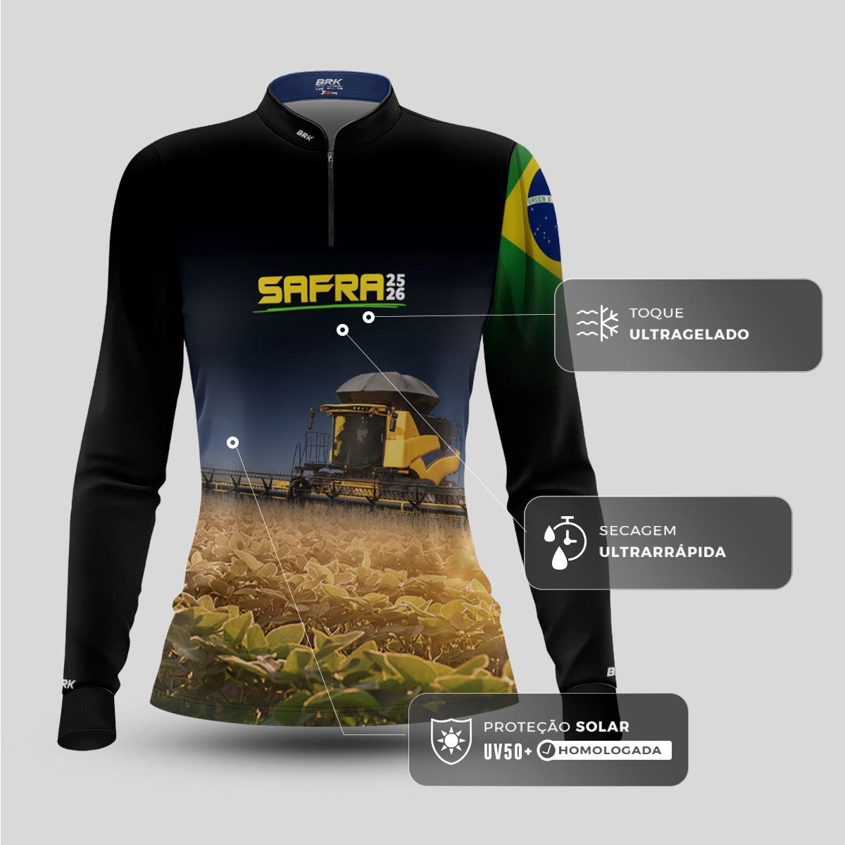 Camisa Agro Feminina Brk Safra Colheitadeira Amarela Brasil Preto com Proteção Solar UV50+ - Brk Agro