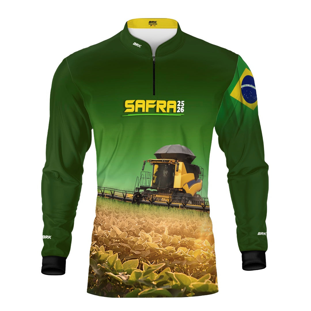 Camisa Agro Brk Safra Colheitadeira Amarela Brasil Verde com Proteção Solar UV50+ - Brk Agro