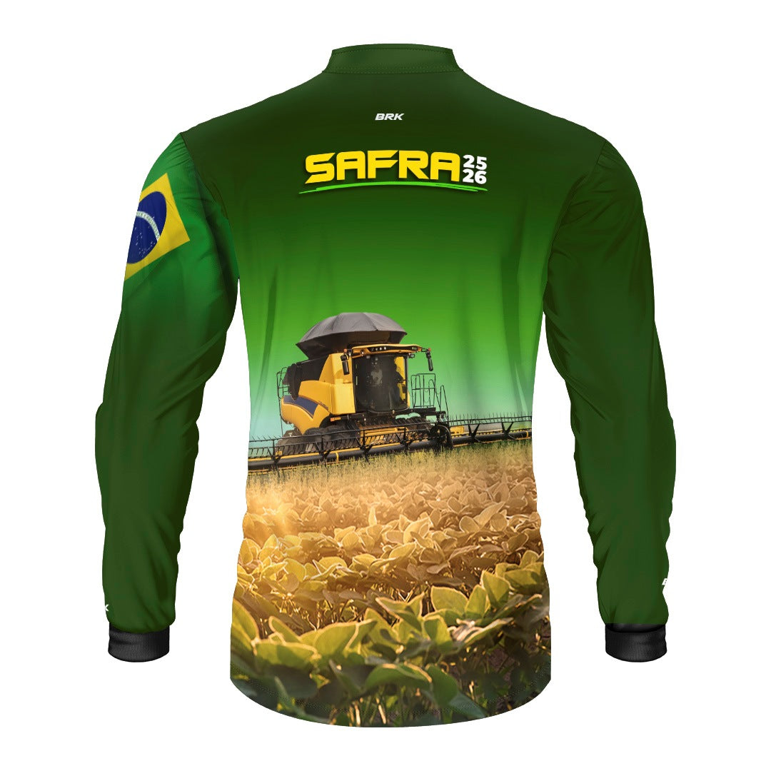 Camisa Agro Brk Safra Colheitadeira Amarela Brasil Verde com Proteção Solar UV50+ - Brk Agro
