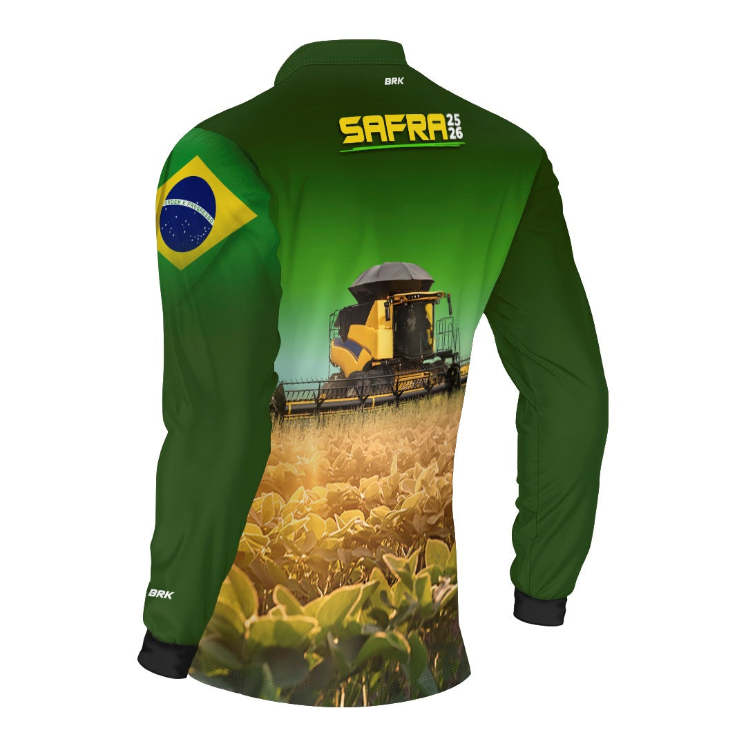 Camisa Agro Brk Safra Colheitadeira Amarela Brasil Verde com Proteção Solar UV50+ - Brk Agro