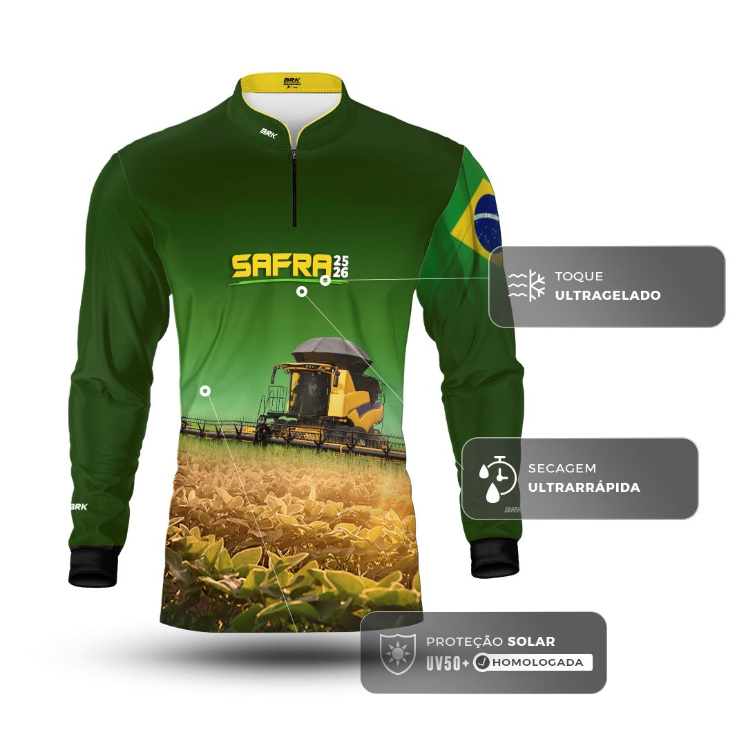 Camisa Agro Brk Safra Colheitadeira Amarela Brasil Verde com Proteção Solar UV50+ - Brk Agro