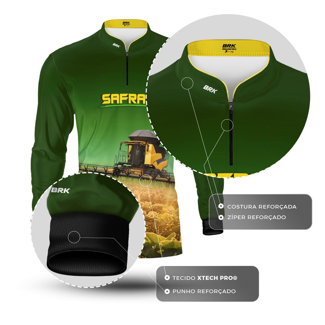 Camisa Agro Brk Safra Colheitadeira Amarela Brasil Verde com Proteção Solar UV50+ - Brk Agro