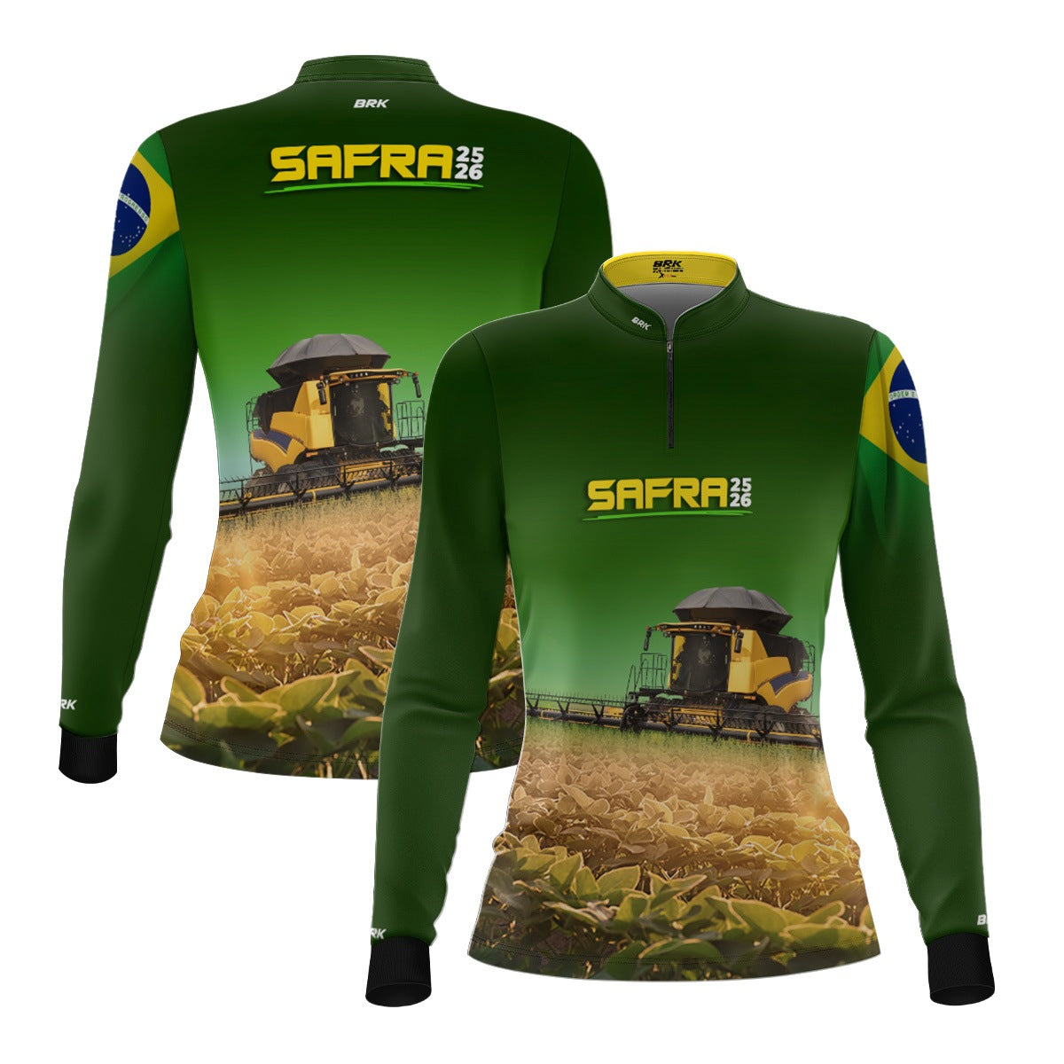 Camisa Agro Feminina Brk Safra Colheitadeira Amarela Brasil Verde com Proteção Solar UV50+ - Brk Agro