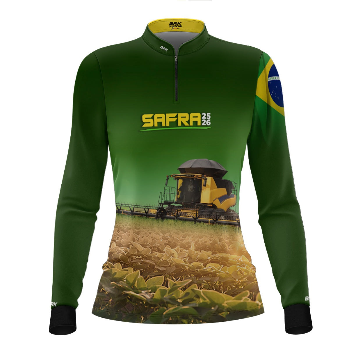 Camisa Agro Feminina Brk Safra Colheitadeira Amarela Brasil Verde com Proteção Solar UV50+ - Brk Agro