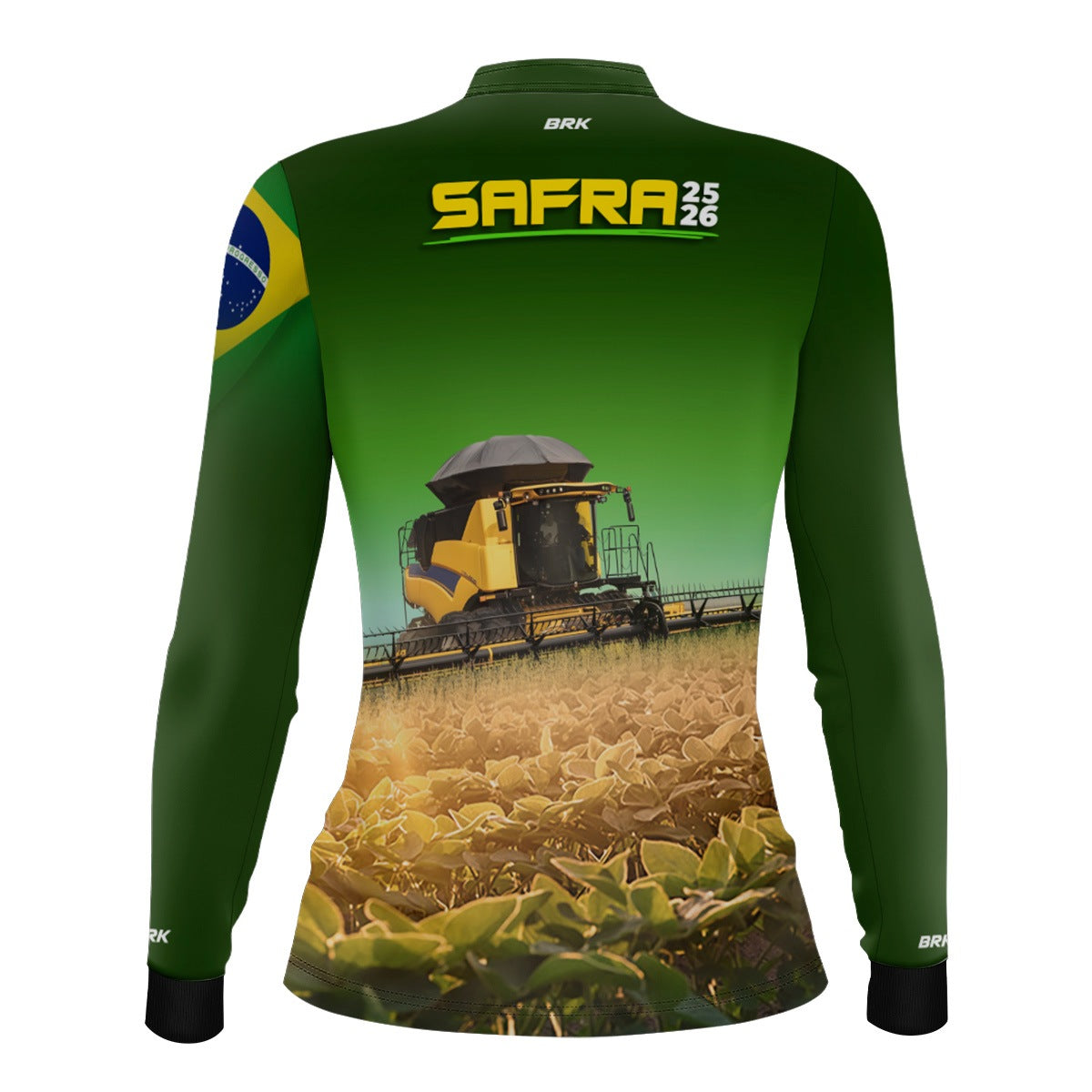 Camisa Agro Feminina Brk Safra Colheitadeira Amarela Brasil Verde com Proteção Solar UV50+ - Brk Agro