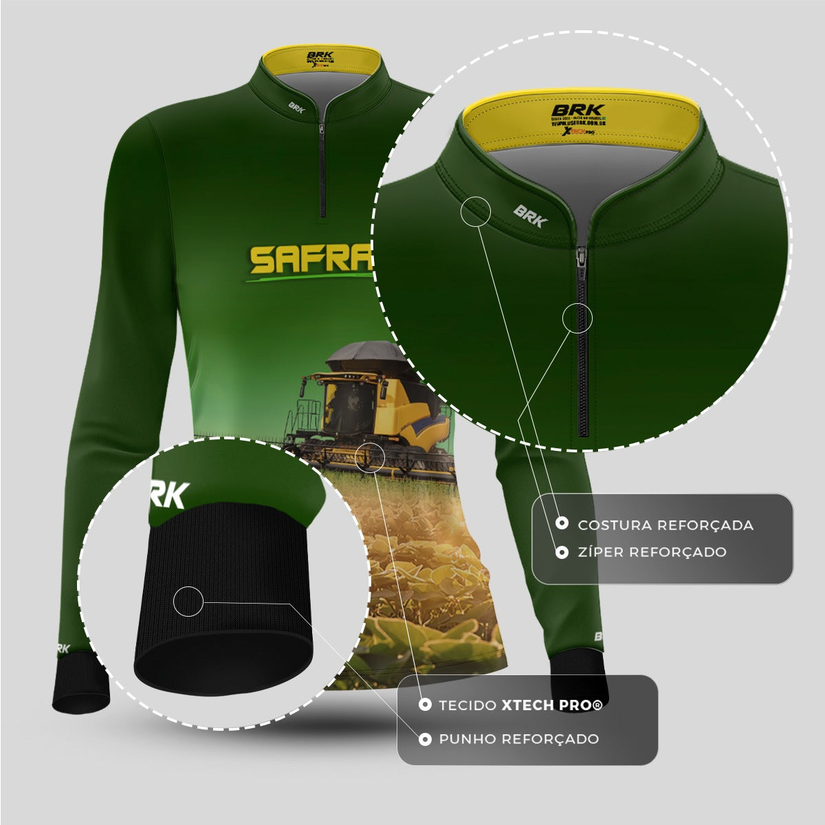 Camisa Agro Feminina Brk Safra Colheitadeira Amarela Brasil Verde com Proteção Solar UV50+ - Brk Agro