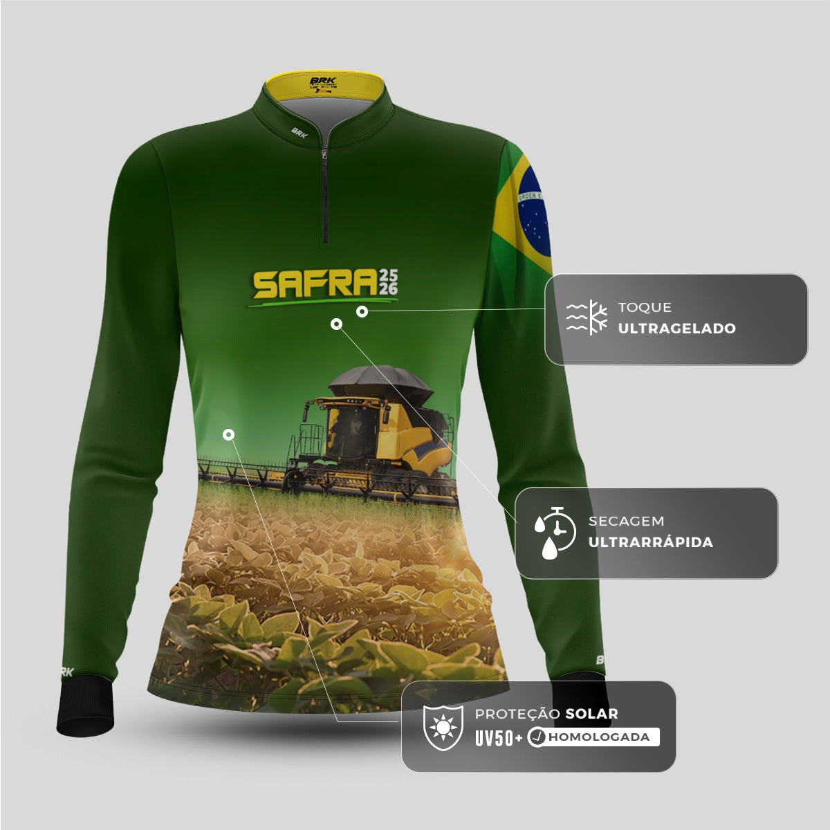 Camisa Agro Feminina Brk Safra Colheitadeira Amarela Brasil Verde com Proteção Solar UV50+ - Brk Agro