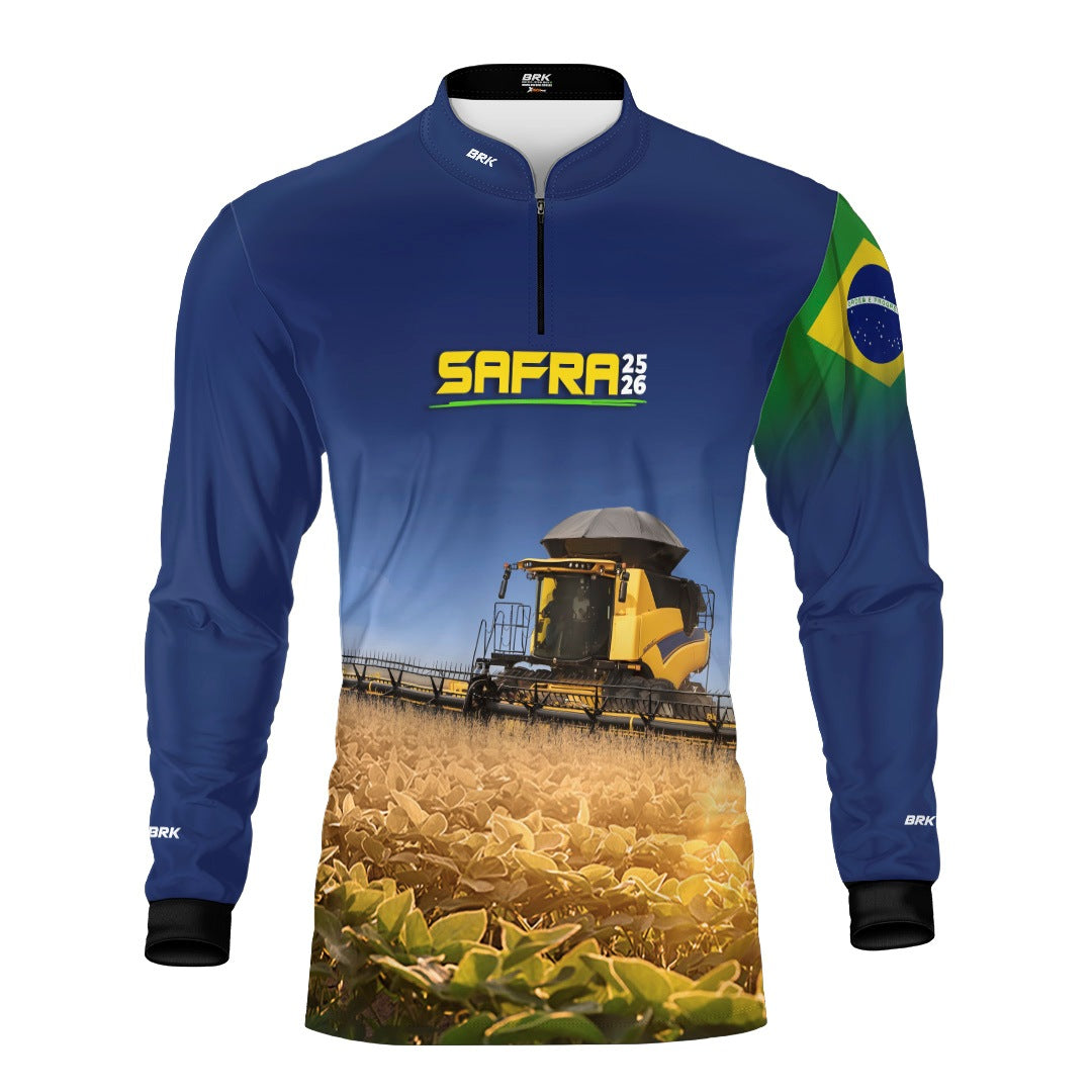 Camisa Agro Brk Safra Colheitadeira Amarela Brasil Azul com Proteção Solar UV50+ - Brk Agro