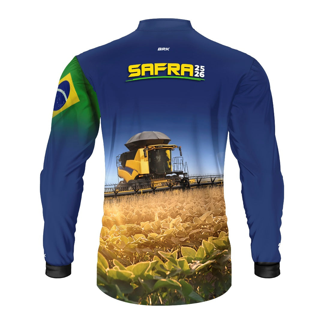 Camisa Agro Brk Safra Colheitadeira Amarela Brasil Azul com Proteção Solar UV50+ - Brk Agro