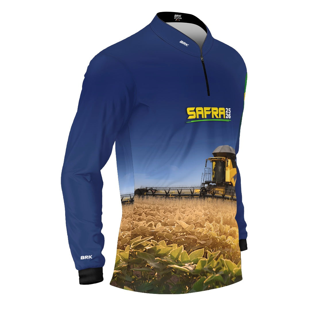 Camisa Agro Brk Safra Colheitadeira Amarela Brasil Azul com Proteção Solar UV50+ - Brk Agro