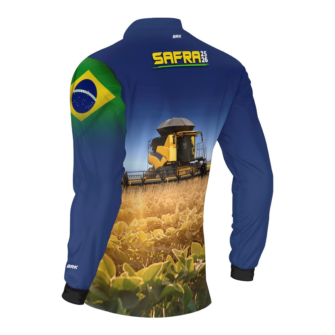 Camisa Agro Brk Safra Colheitadeira Amarela Brasil Azul com Proteção Solar UV50+ - Brk Agro
