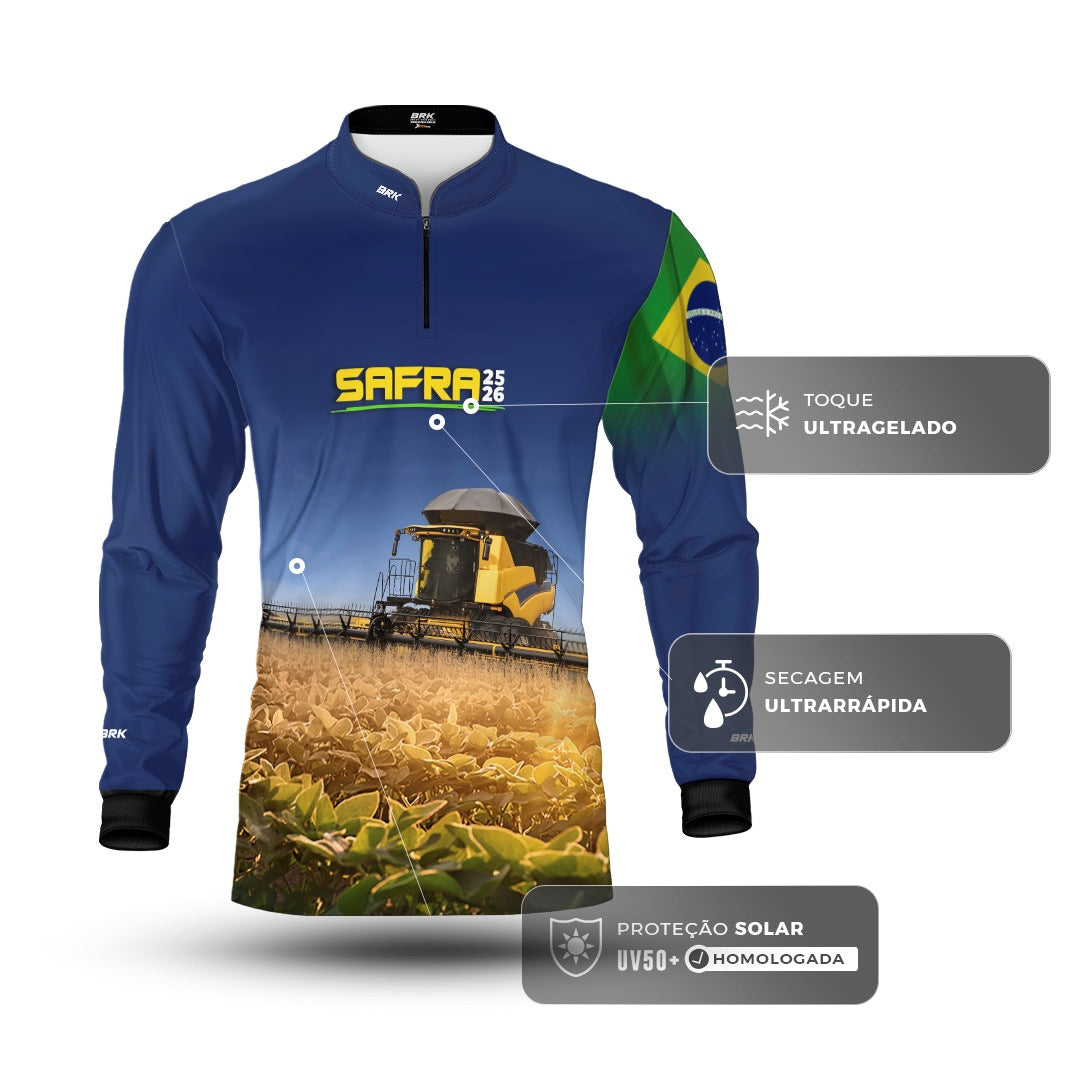 Camisa Agro Brk Safra Colheitadeira Amarela Brasil Azul com Proteção Solar UV50+ - Brk Agro