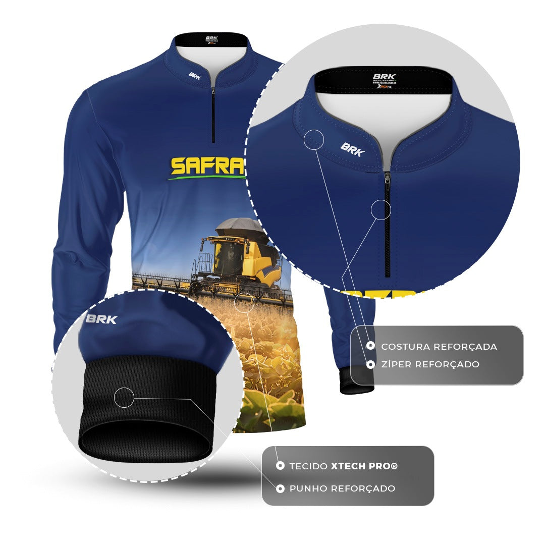 Camisa Agro Brk Safra Colheitadeira Amarela Brasil Azul com Proteção Solar UV50+ - Brk Agro