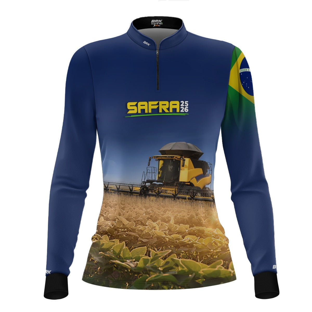 Camisa Agro Feminina Brk Safra Colheitadeira Amarela Brasil Azul com Proteção Solar UV50+ - Brk Agro