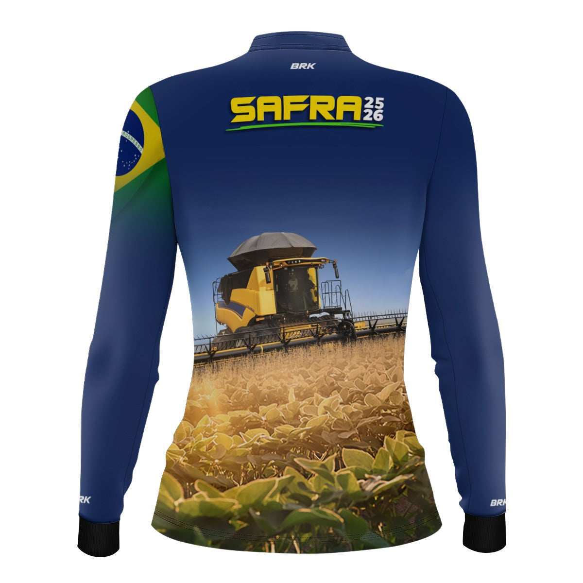 Camisa Agro Feminina Brk Safra Colheitadeira Amarela Brasil Azul com Proteção Solar UV50+ - Brk Agro