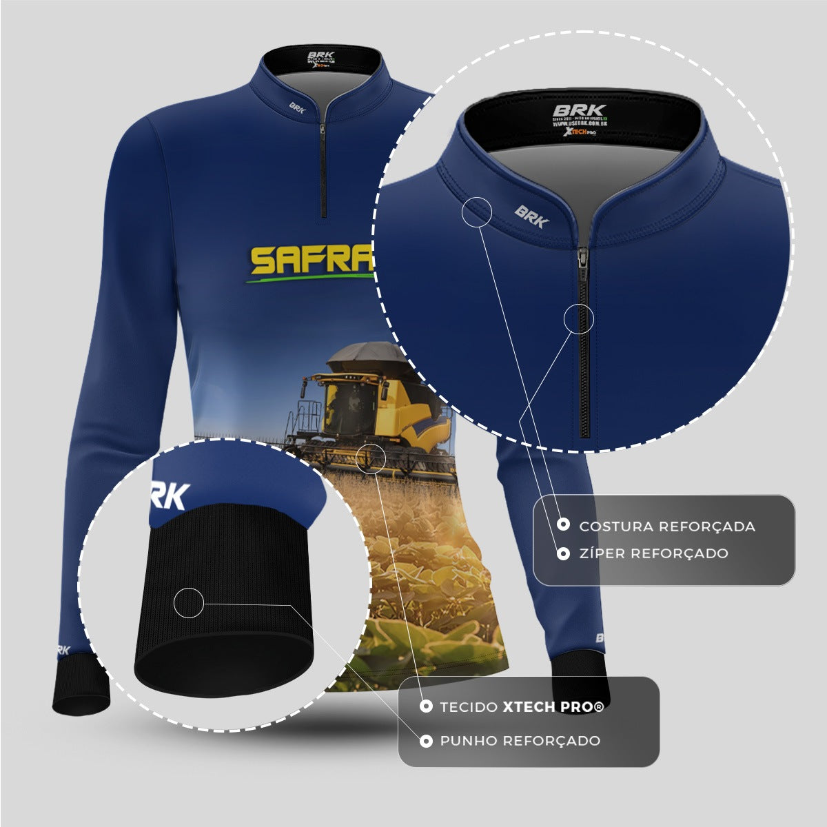 Camisa Agro Feminina Brk Safra Colheitadeira Amarela Brasil Azul com Proteção Solar UV50+ - Brk Agro