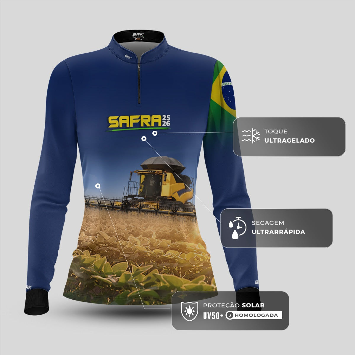 Camisa Agro Feminina Brk Safra Colheitadeira Amarela Brasil Azul com Proteção Solar UV50+ - Brk Agro