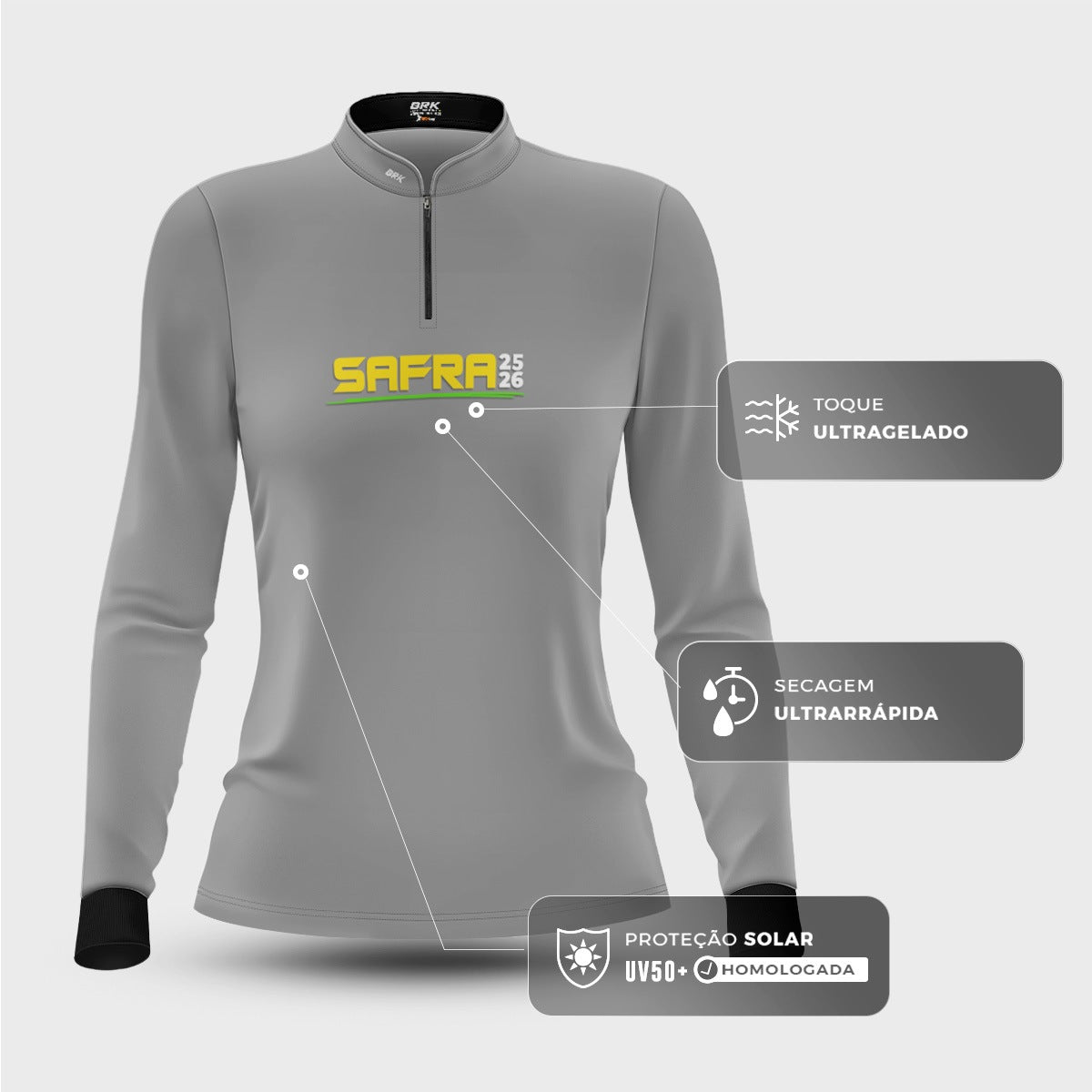 Camisa Agro Feminina Brk Safra Essencial Cinza com Proteção Solar UV50+ - Brk Agro