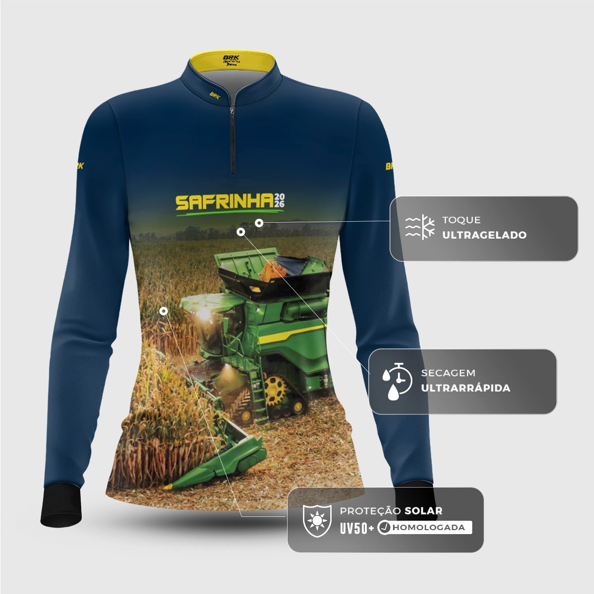Camisa Agro Feminina Brk Safrinha Colheitadeira de Milho Azul com Proteção Solar UV50+ - Brk Agro