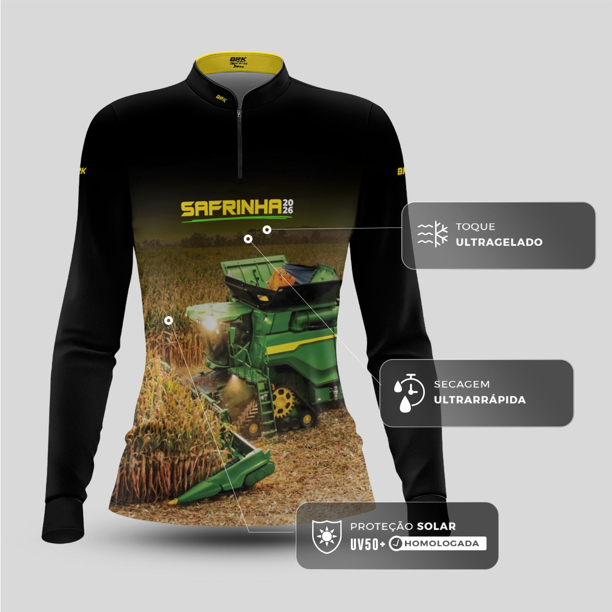 Camisa Agro Feminina Brk Safrinha Colheitadeira de Milho Preto com Proteção Solar UV50+ - Brk Agro