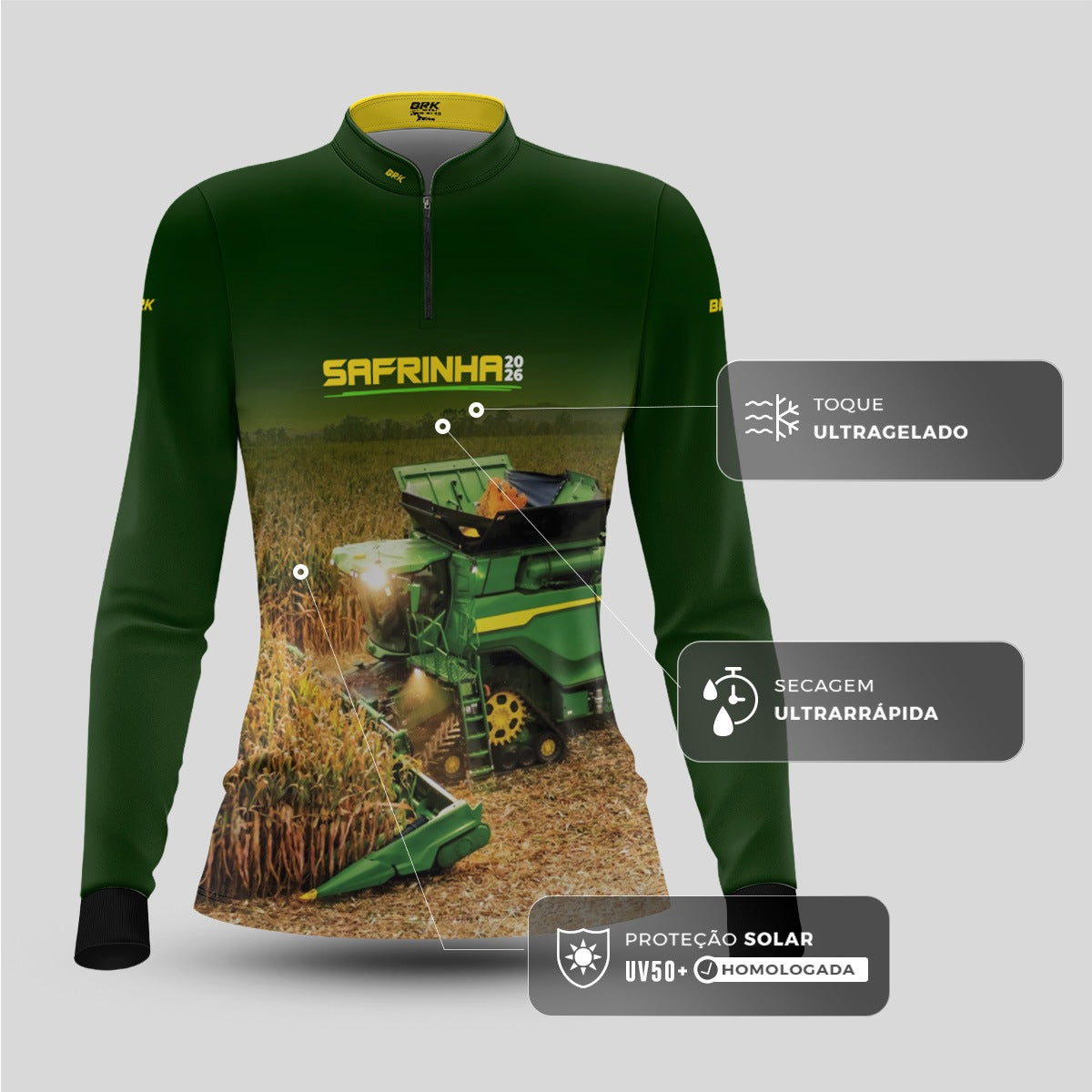 Camisa Agro Feminina Brk Safrinha Colheitadeira de Milho Preto com Proteção Solar UV50+ - Brk Agro