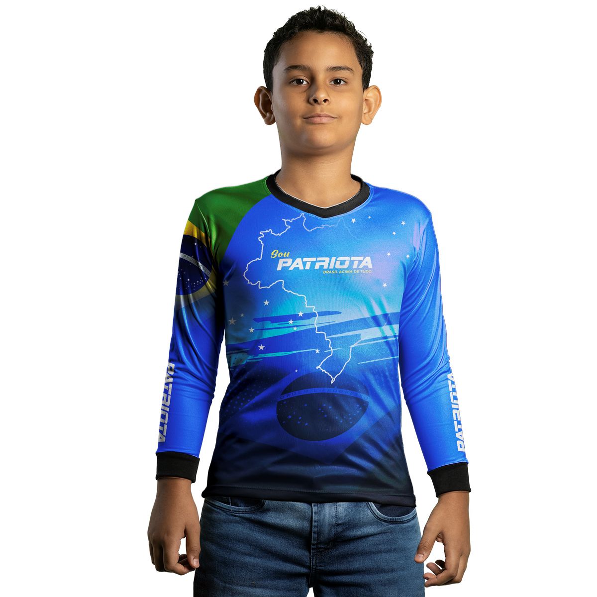 Camisa Agro Infantil Brk Básica Patriota Azul Bandeira do Brasil com Proteção UV50+ - Brk Agro