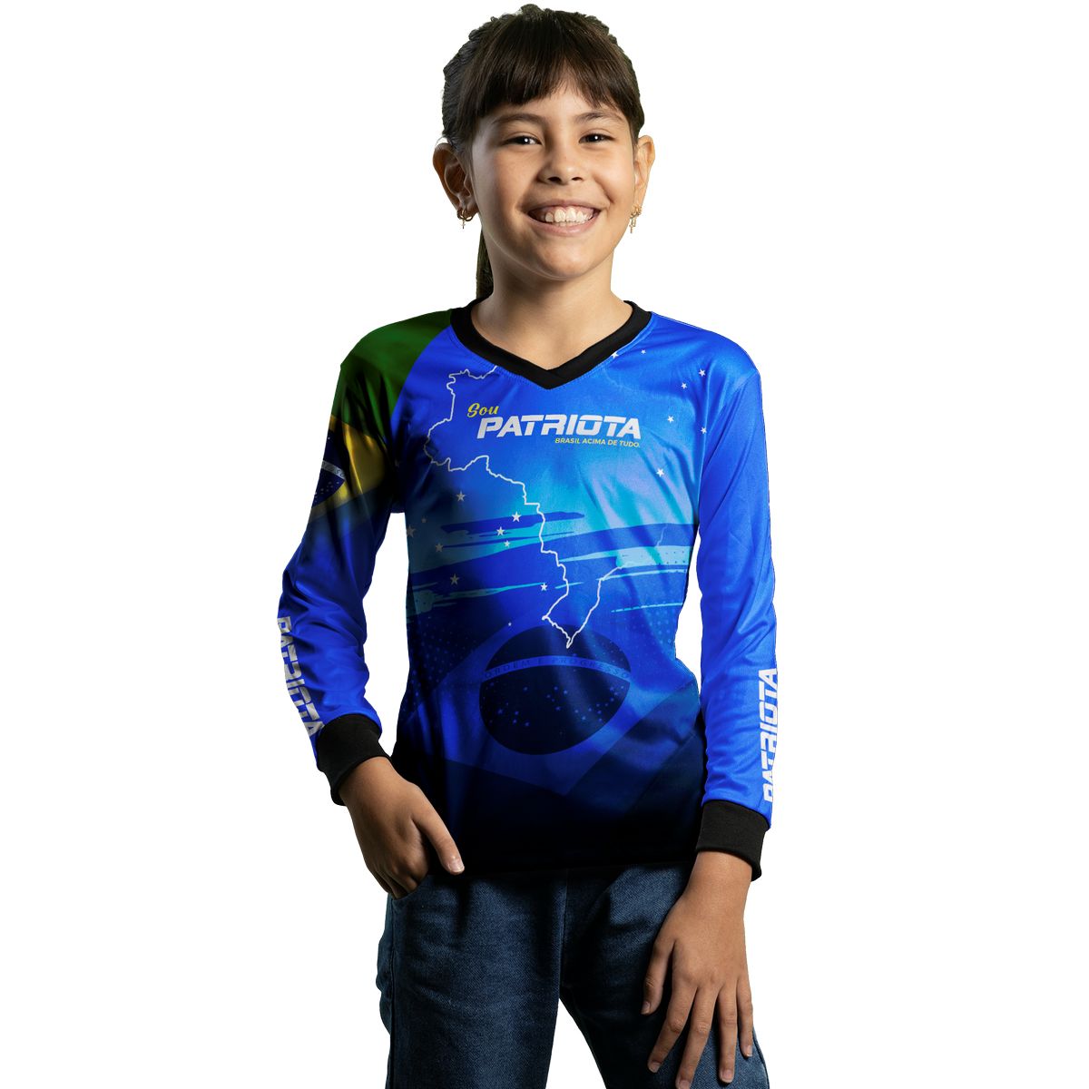 Camisa Agro Infantil Brk Básica Patriota Azul Bandeira do Brasil com Proteção UV50+ - Brk Agro