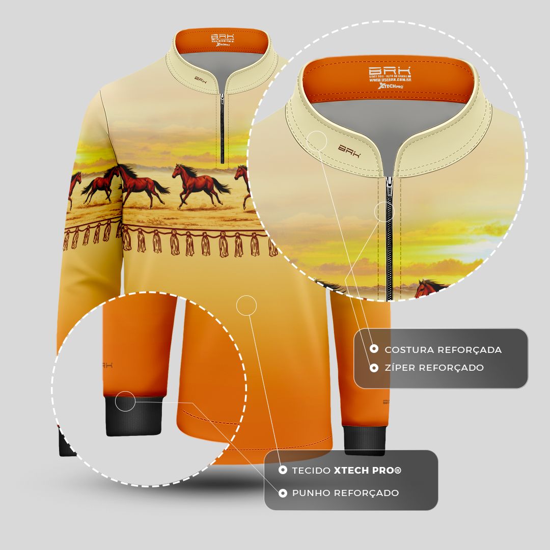 Camisa Agro Infantil BRK Wild horse Pôr do Sol Laranja com Proteção Solar UV50+ - Brk Agro