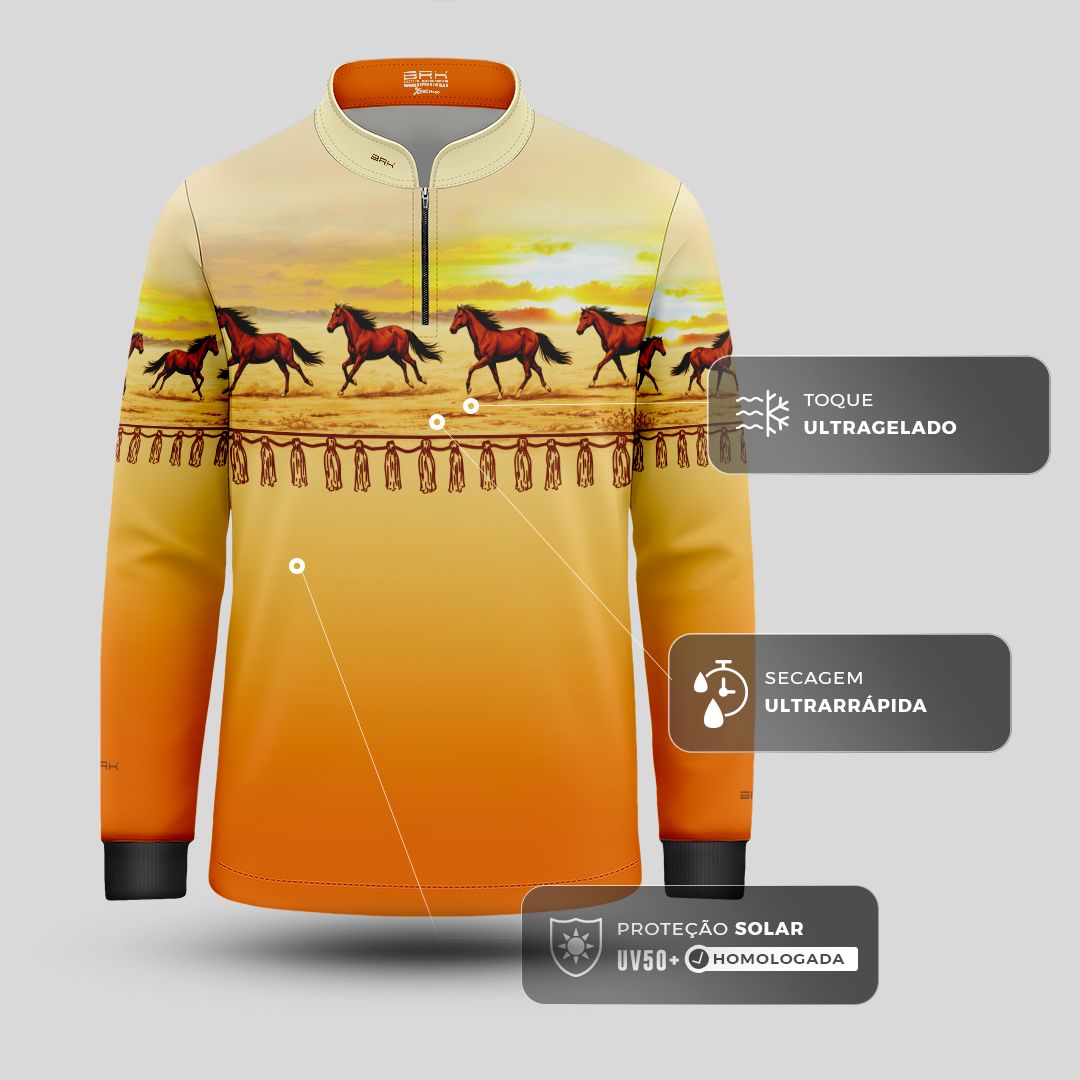 Camisa Agro Infantil BRK Wild horse Pôr do Sol Laranja com Proteção Solar UV50+ - Brk Agro