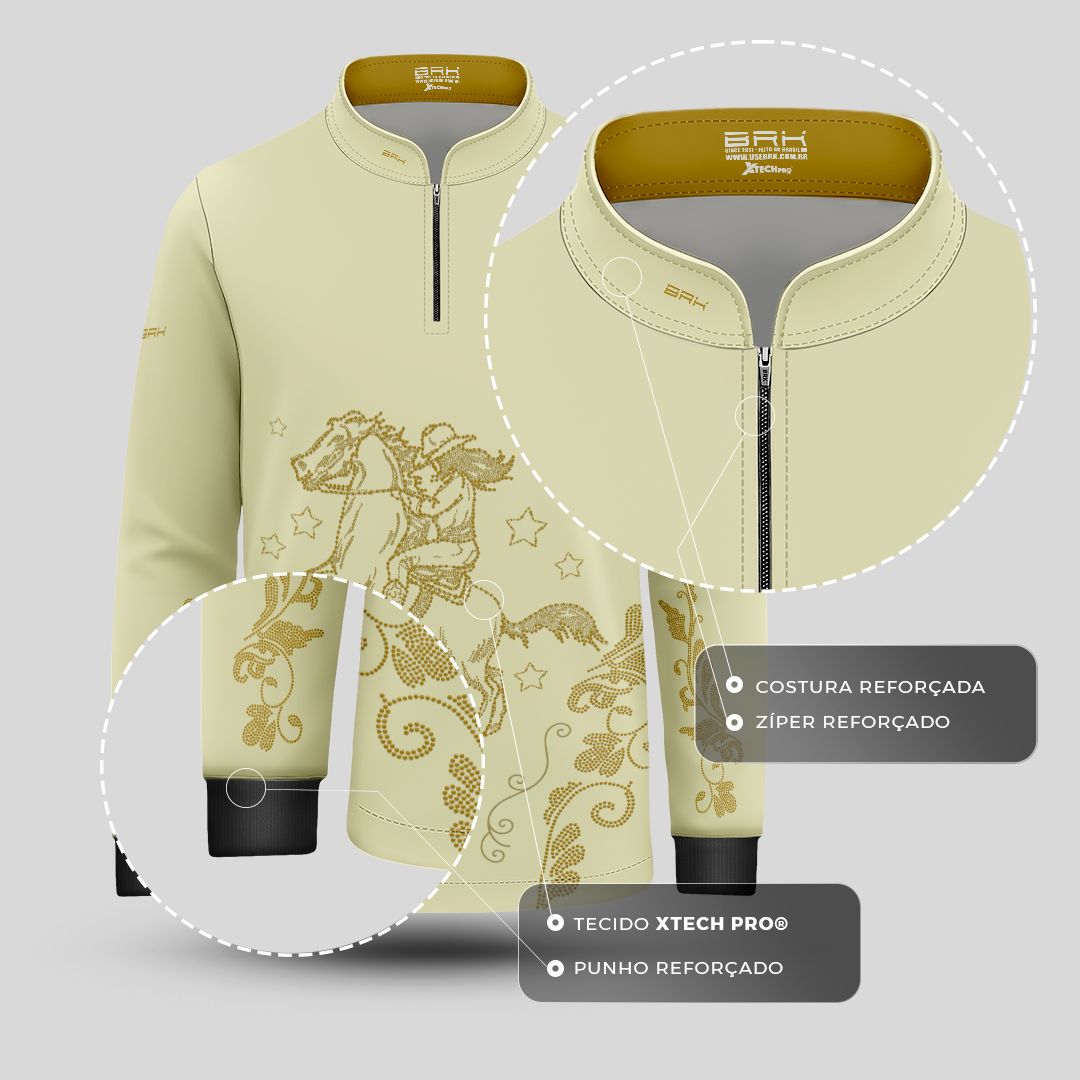 Camisa Agro Infantil BRK  Amazona Floral Strass Bege com Proteção Solar UV50+ - Brk Agro