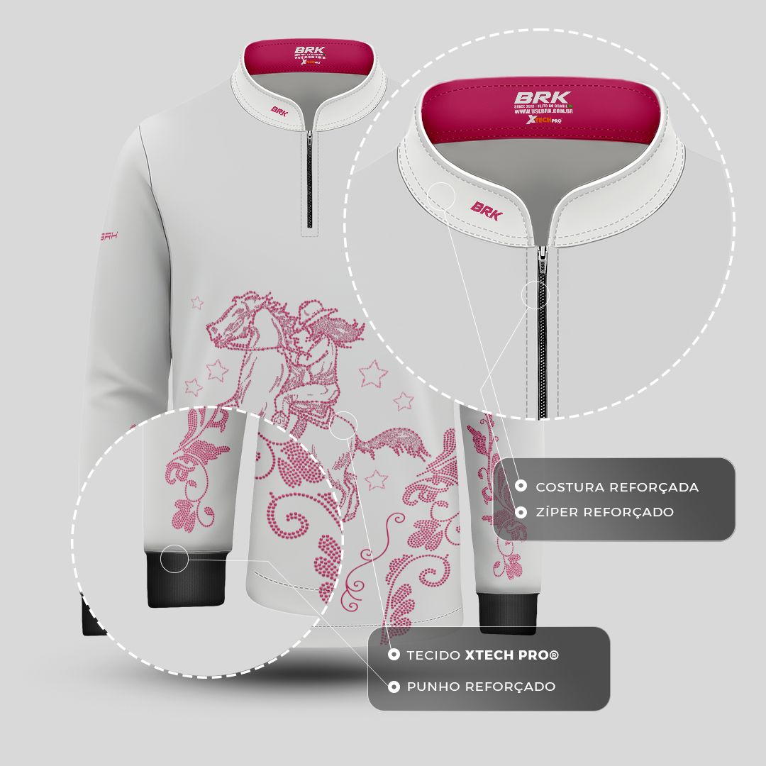 Camisa Agro Infantil BRK  Amazona Floral Strass Branca com Proteção Solar UV50+ - Brk Agro
