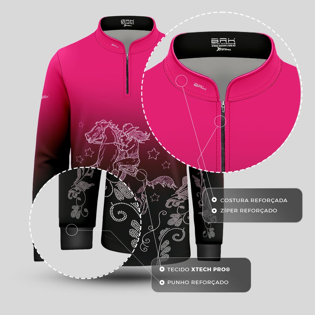 Camisa Agro Infantil BRK  Amazona Floral Strass Degradê Rosa com Proteção Solar UV50+ - Brk Agro