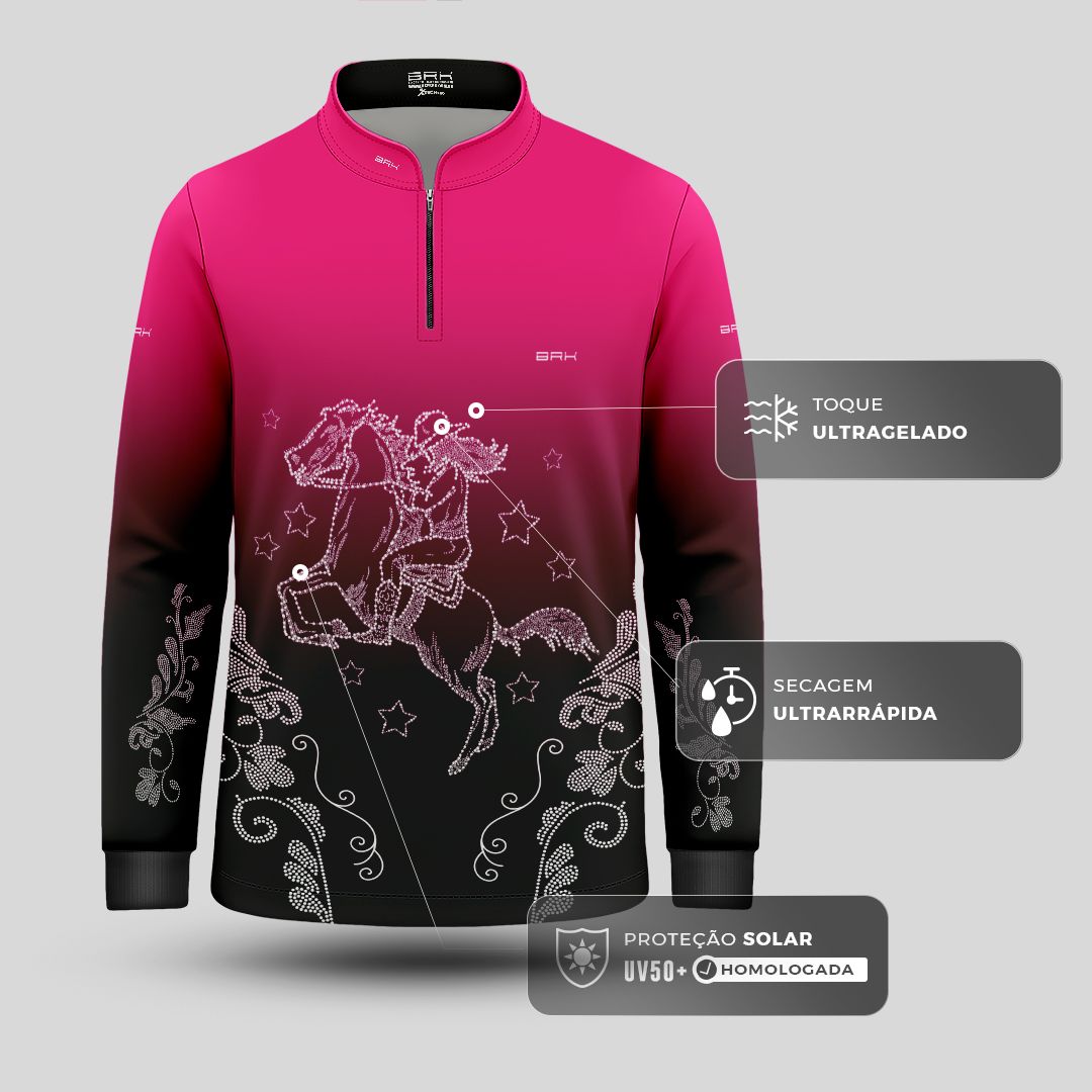 Camisa Agro Infantil BRK  Amazona Floral Strass Degradê Rosa com Proteção Solar UV50+ - Brk Agro