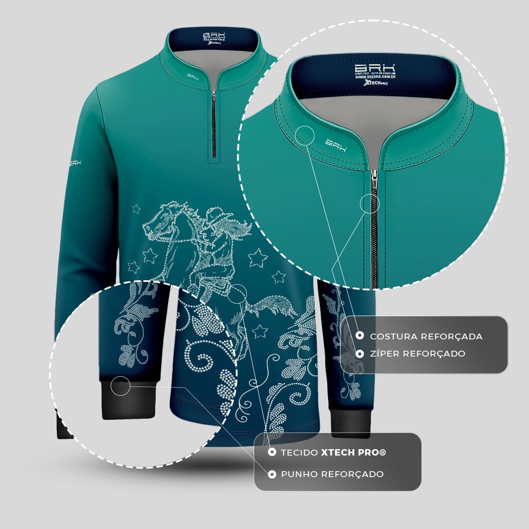 Camisa Agro Infantil BRK  Amazona Floral Strass Degradê Azul com Proteção Solar UV50+ - Brk Agro