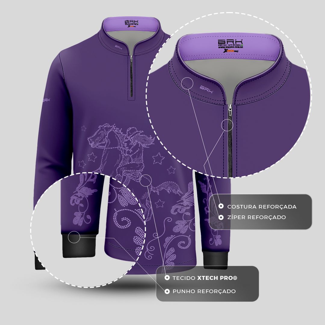 Camisa Agro Infantil BRK  Amazona Floral Strass Roxo com Proteção Solar UV50+ - Brk Agro